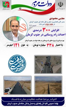 همت اداره کل راهداری و حمل و نقل جاده ای جنوب کرمان با افزایش ۳۰۰ درصدی احداث راه روستایی